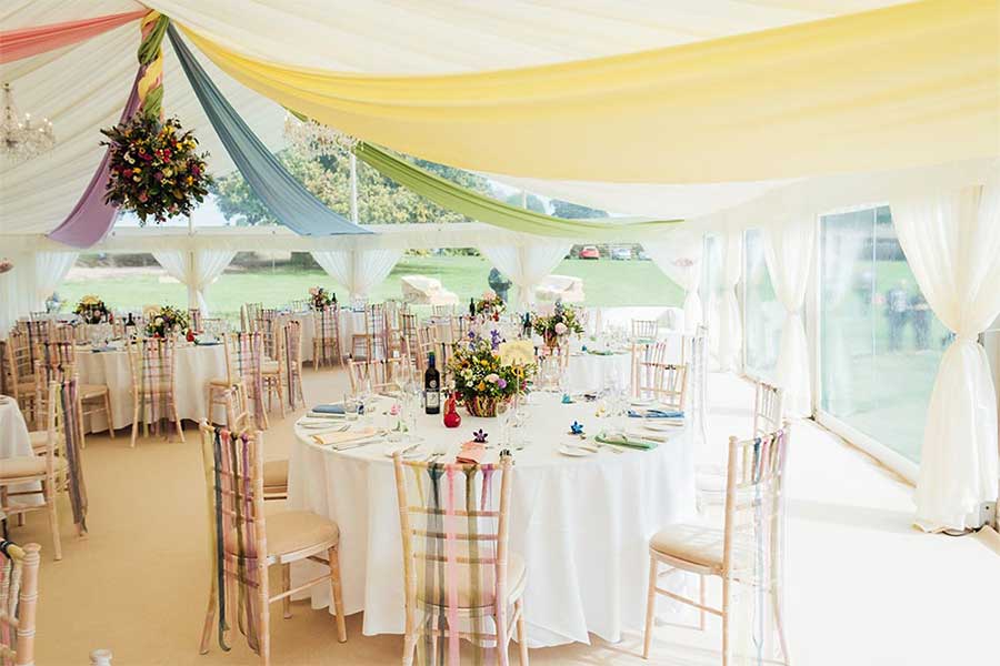 Worcestershire countryside colourful wedding marquee pastel
